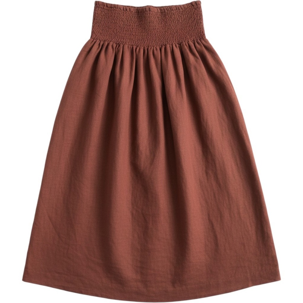 Tahari Midi Skirt Womens Medium Brown 100% Linen Smocked High Waist Skirt Boho